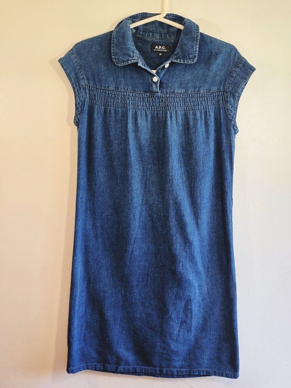 A.P.C. Rue Madame Paris Denim Dress Size XSmall Smock Detail Cap Sleeve Classic - Picture 2 of 8